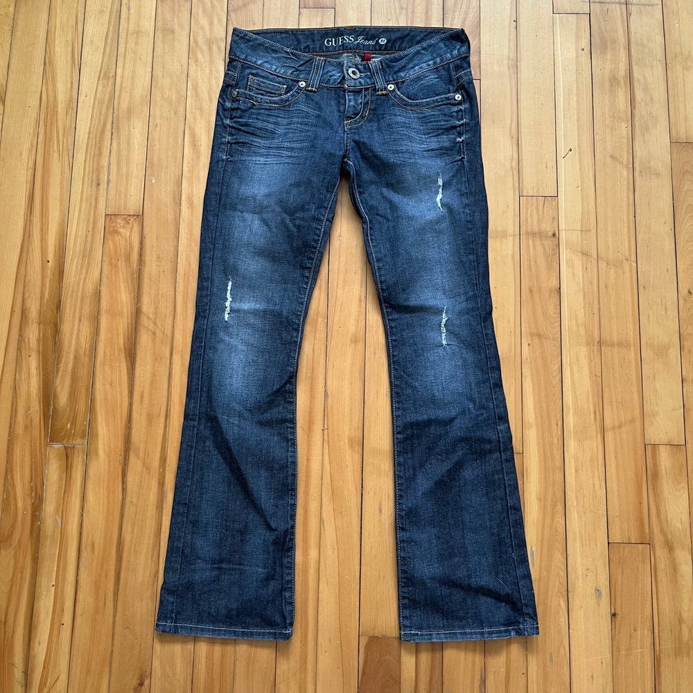 Guess Daredevil Bootcut Jeans Women 28 Dark Wash Distressed Low Rise WB1187S92A0